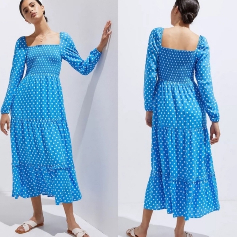 Anthropologie Dolian blue and white polka dot dress size LP